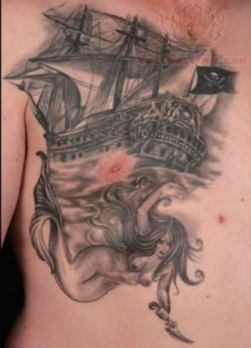 Grey Ink Pirate Jolly Roger Ship Tattoo On Chest